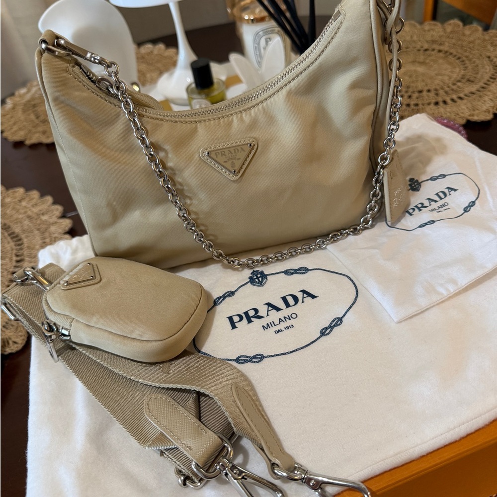 Prada Beige Nylon Shoulder Bag with Silver Chain and Strap